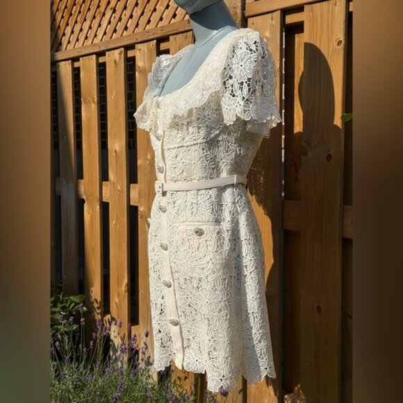 🆕 SELF-PORTRAIT 🧿 NWT Cream Guipure Lace Belted Mini Dress, Sz UK 12 US 8 - Picture 11 of 16